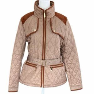 Vince Camuto Quilted Tan Belted Jacket, brown faux suede trim, gold button sz L